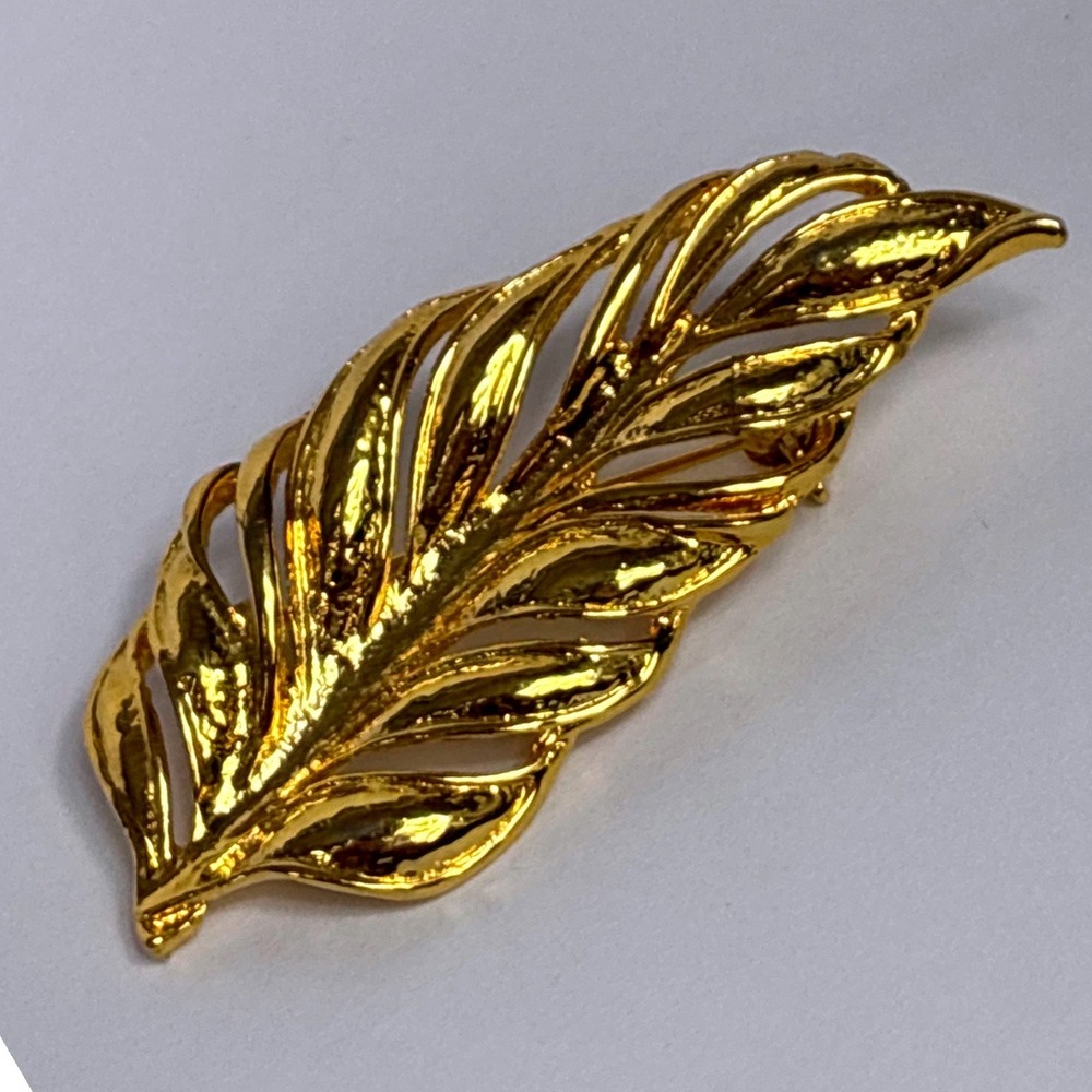 Vintage Gold Tone Leaf Brooch Openwork Feather Palm Frond Pin 3"   Statement